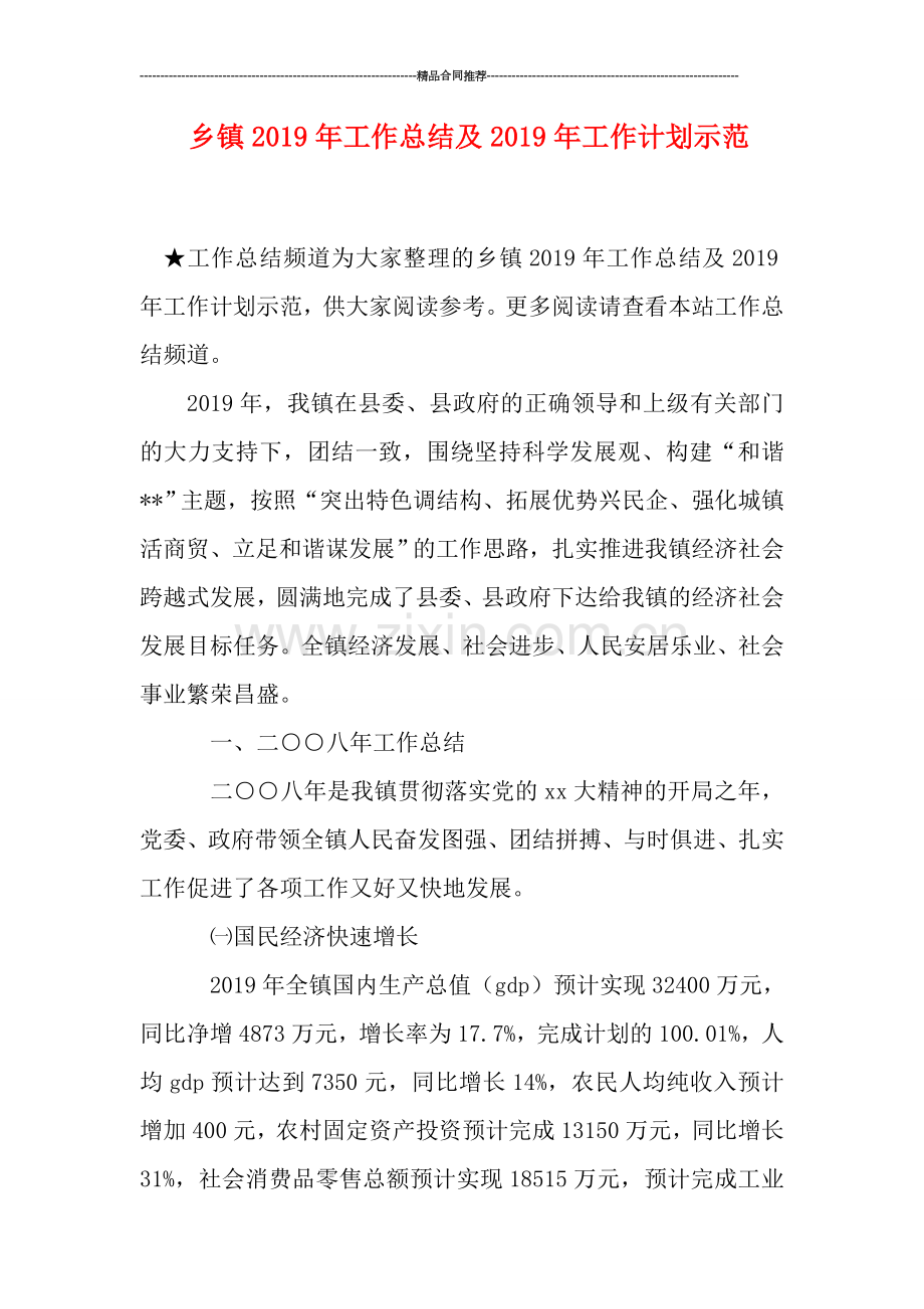 乡镇2019年工作总结及2019年工作计划示范.doc_第1页