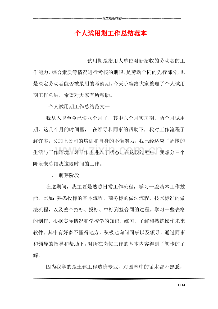 个人试用期工作总结范本.doc_第1页