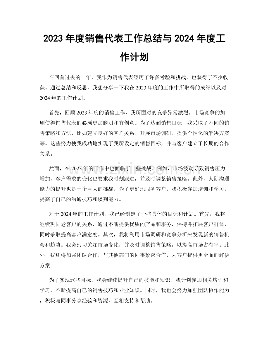 2023年度销售代表工作总结与2024年度工作计划.docx_第1页