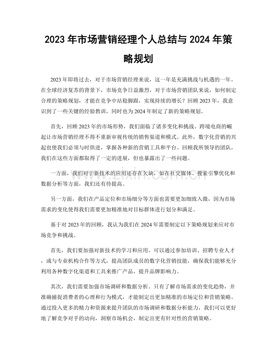 2023年市场营销经理个人总结与2024年策略规划.docx_第1页
