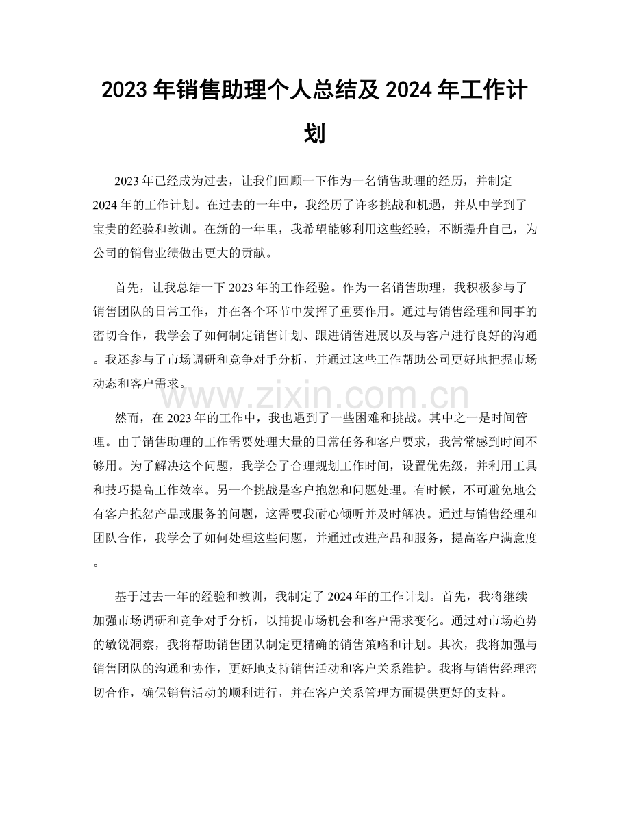2023年销售助理个人总结及2024年工作计划.docx_第1页