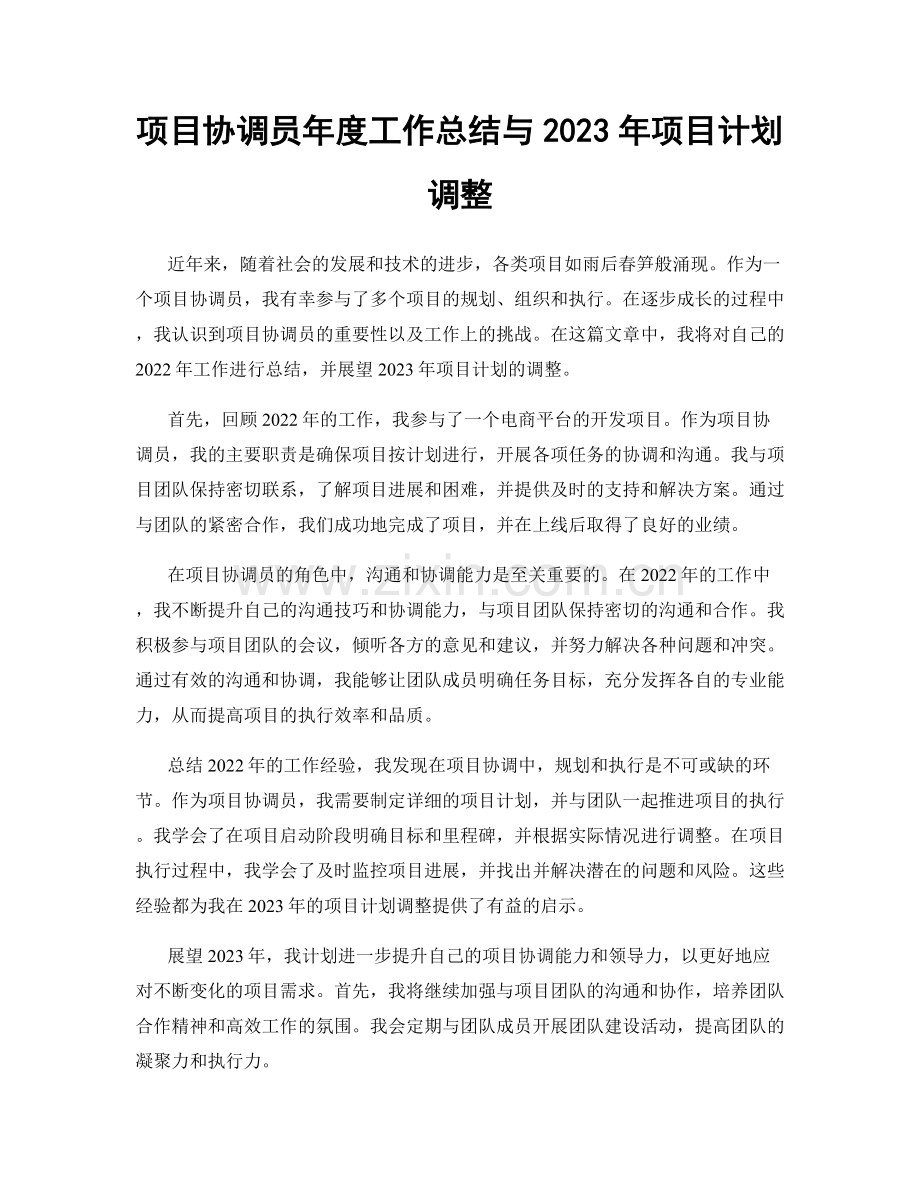 项目协调员年度工作总结与2023年项目计划调整.docx_第1页
