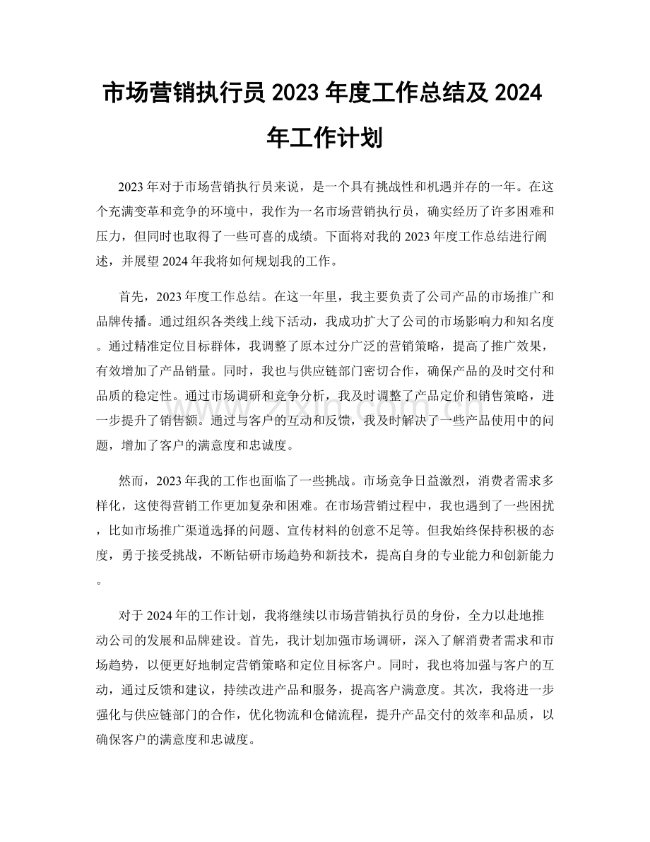 市场营销执行员2023年度工作总结及2024年工作计划.docx_第1页