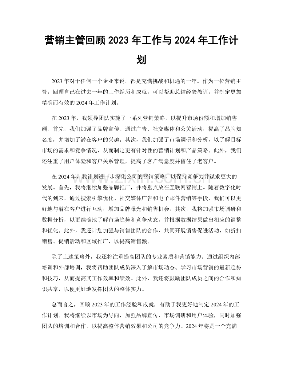 营销主管回顾2023年工作与2024年工作计划.docx_第1页