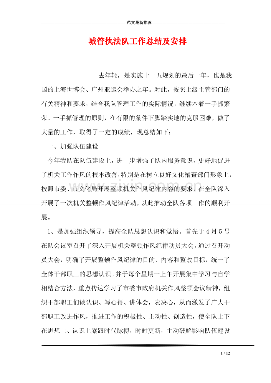 城管执法队工作总结及安排.doc_第1页