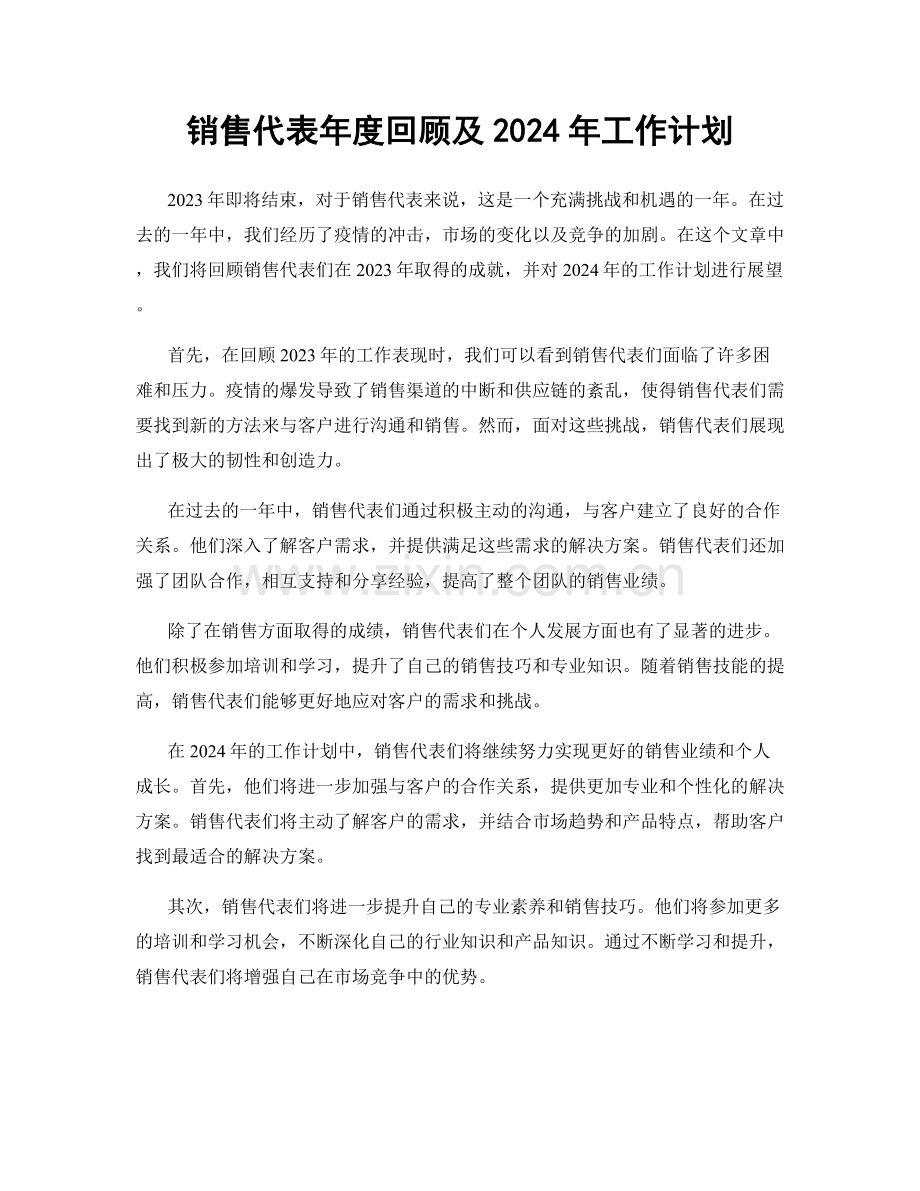 销售代表年度回顾及2024年工作计划.docx_第1页