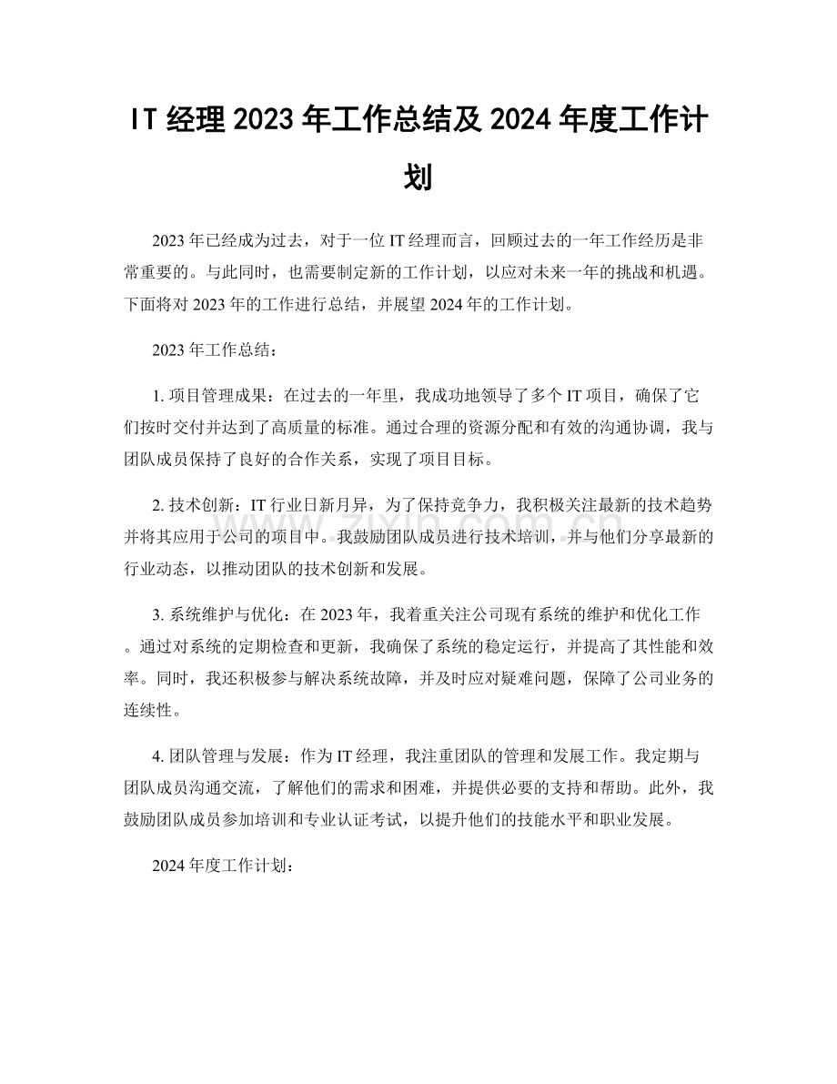 IT经理2023年工作总结及2024年度工作计划.docx_第1页