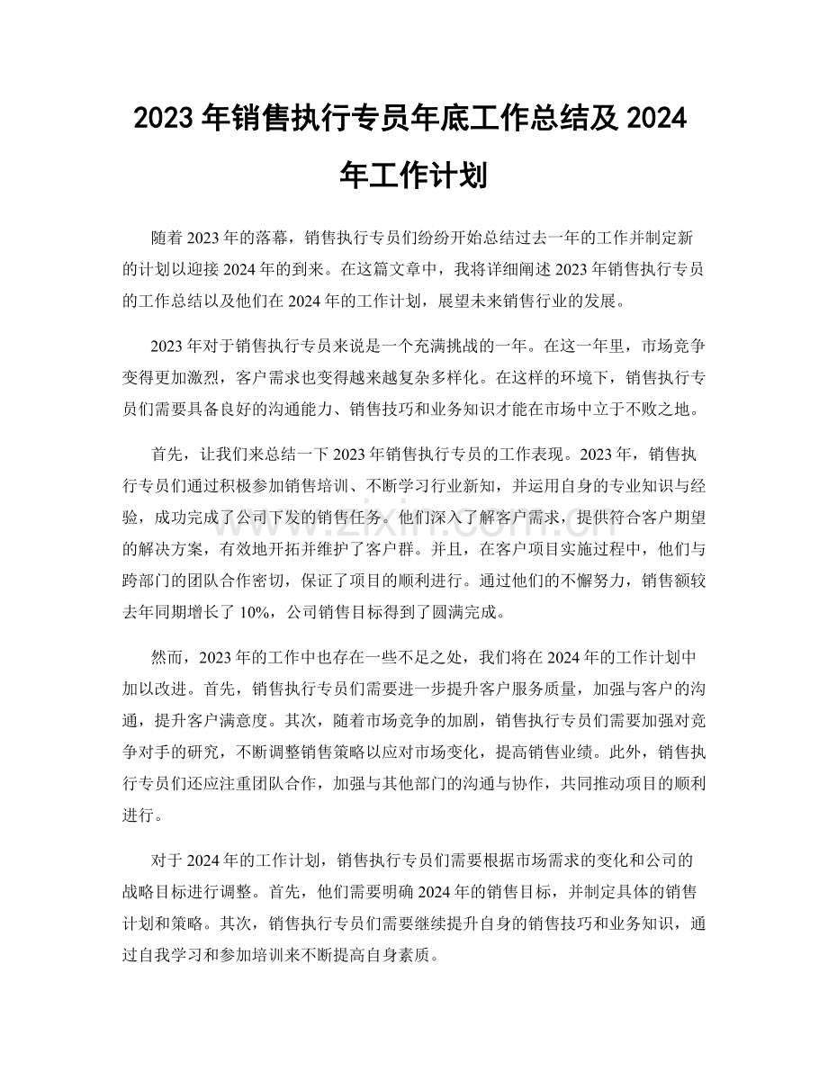 2023年销售执行专员年底工作总结及2024年工作计划.docx_第1页