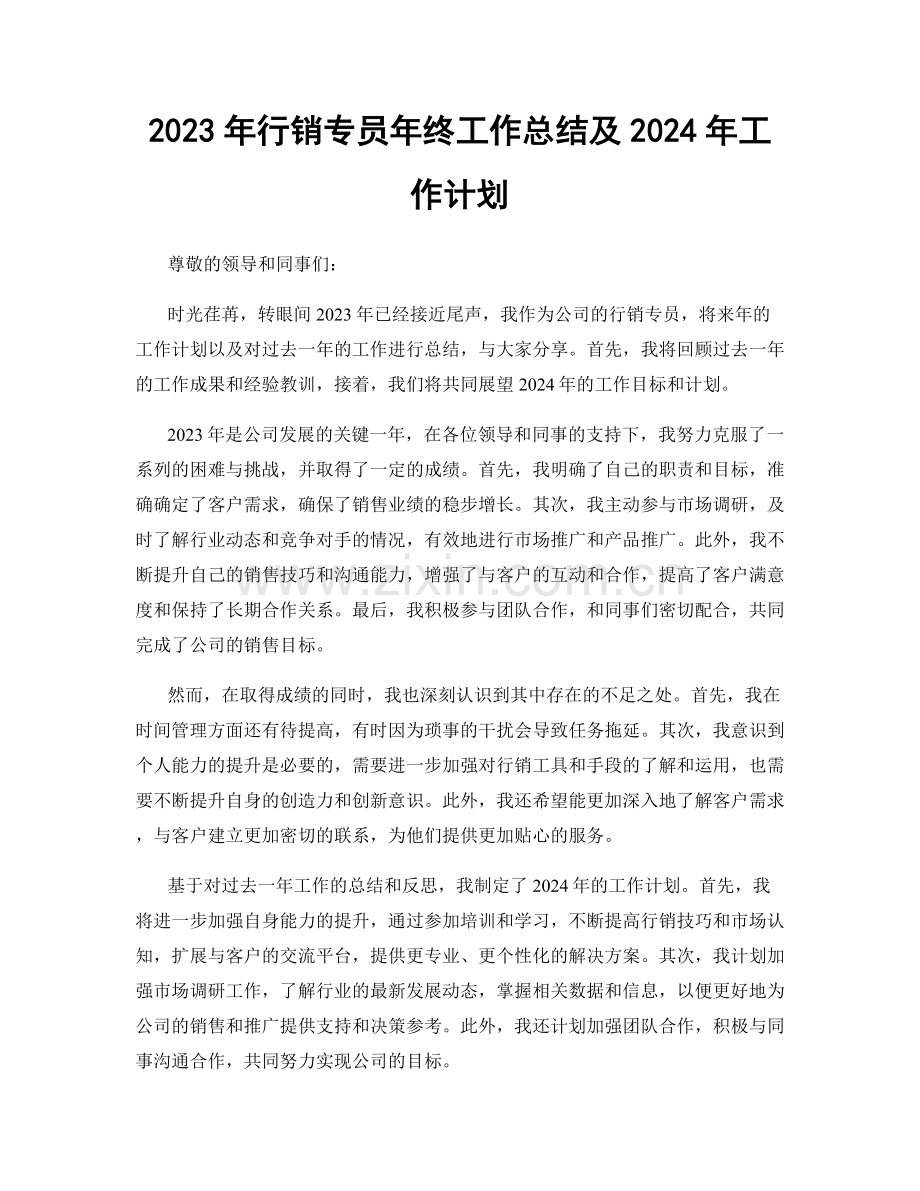 2023年行销专员年终工作总结及2024年工作计划.docx_第1页
