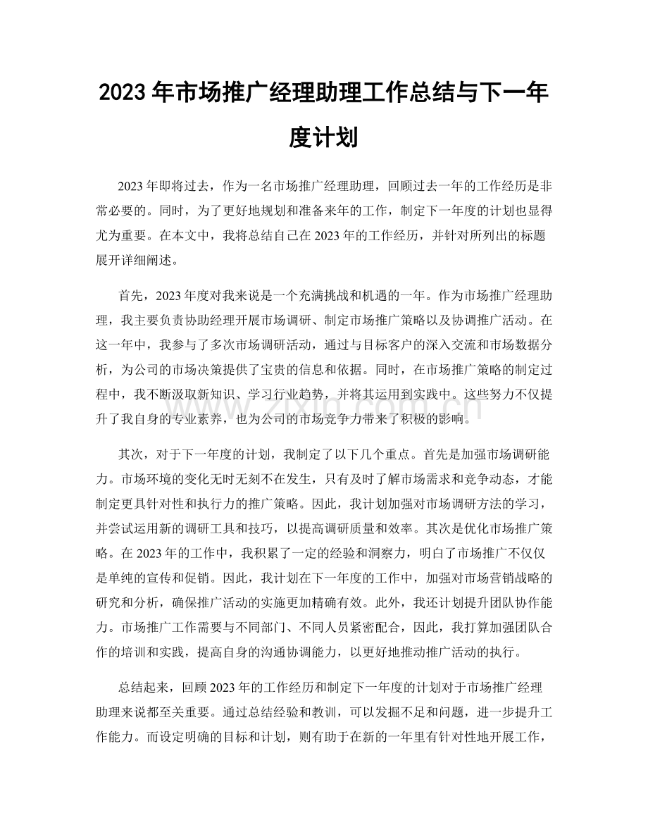 2023年市场推广经理助理工作总结与下一年度计划.docx_第1页