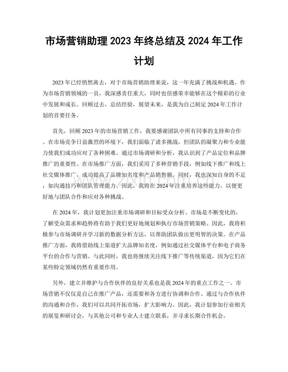 市场营销助理2023年终总结及2024年工作计划.docx_第1页