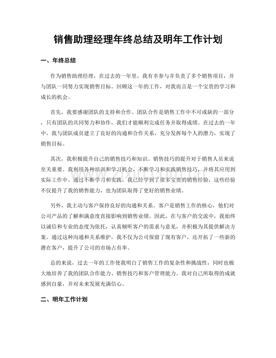 销售助理经理年终总结及明年工作计划.docx_第1页