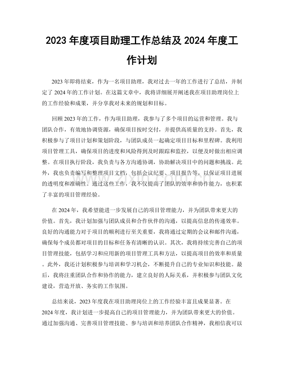 2023年度项目助理工作总结及2024年度工作计划.docx_第1页