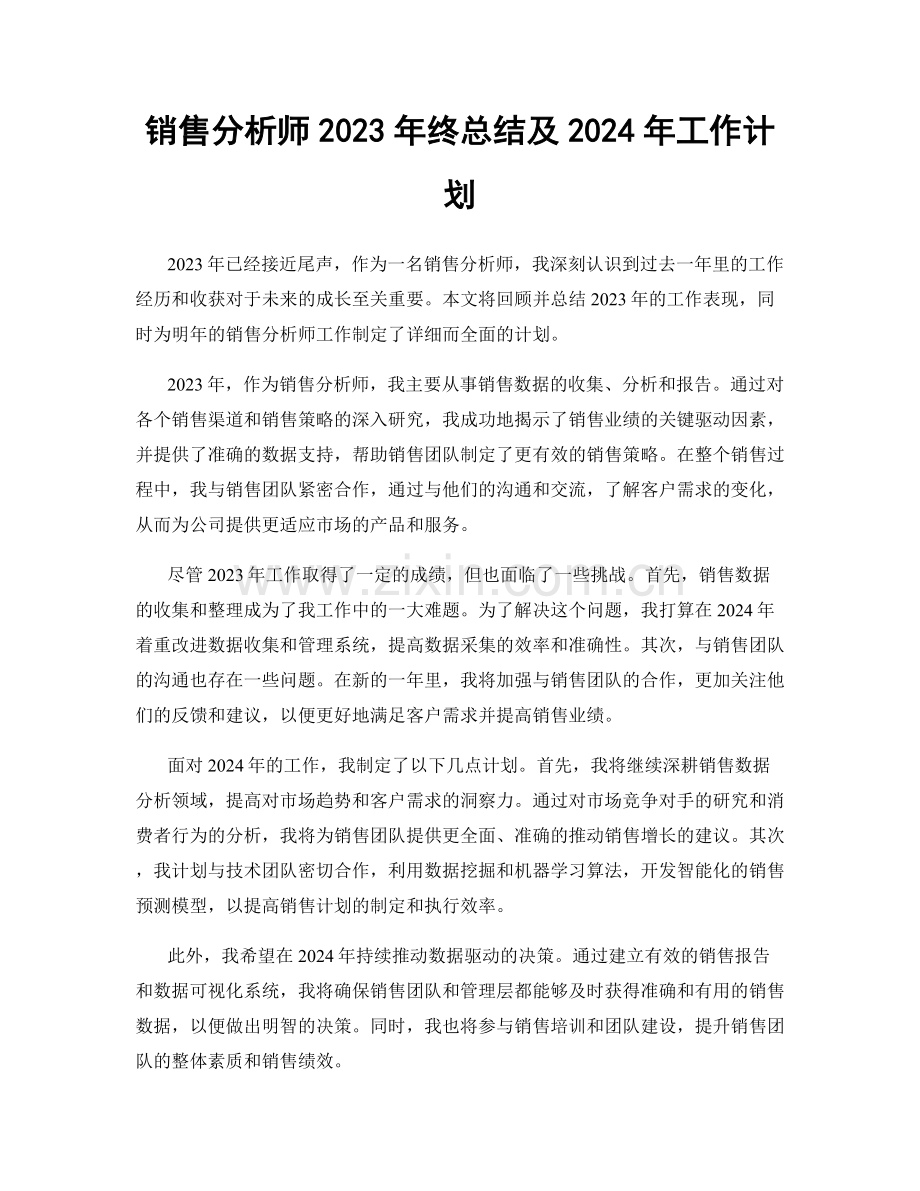 销售分析师2023年终总结及2024年工作计划.docx_第1页
