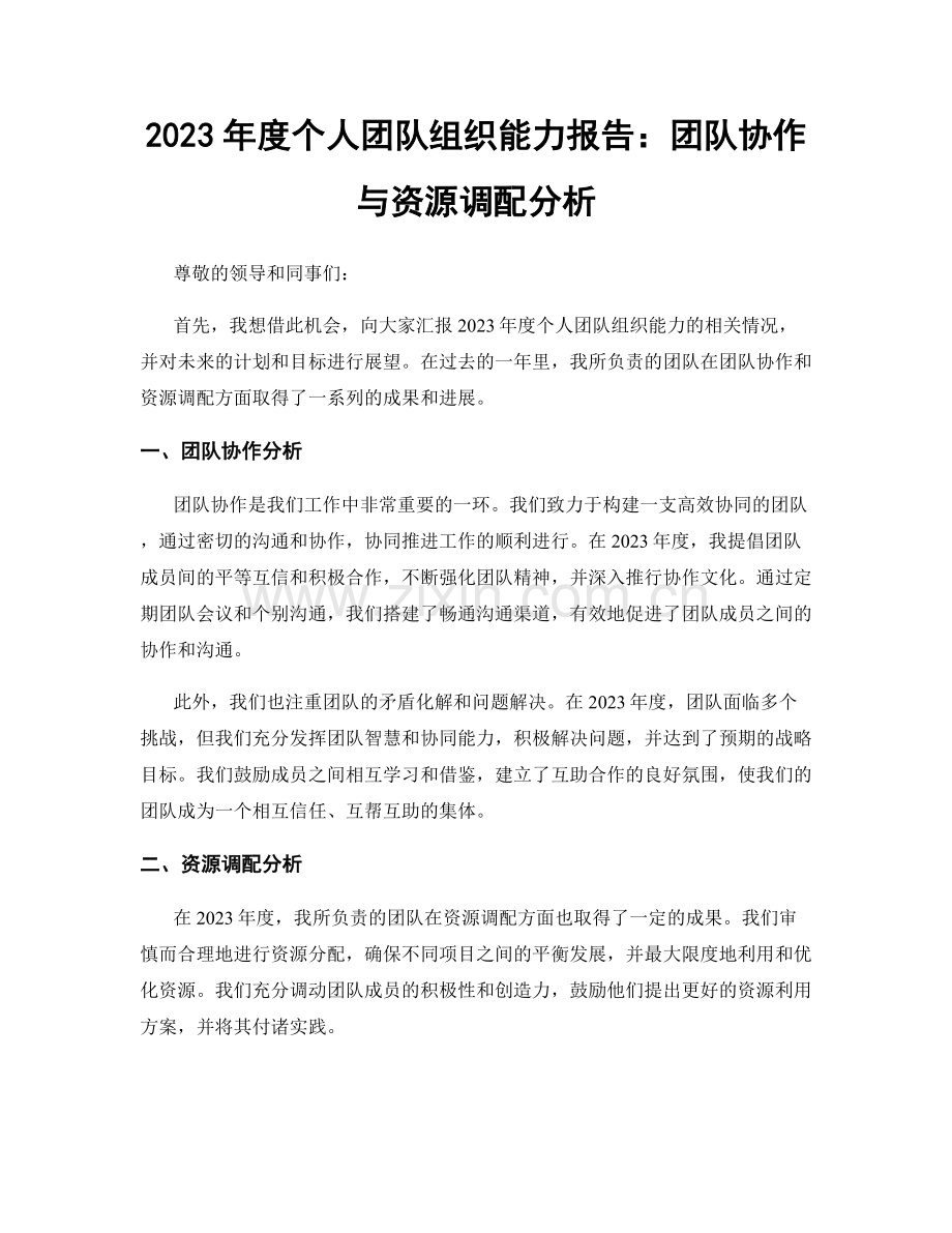 2023年度个人团队组织能力报告：团队协作与资源调配分析.docx_第1页