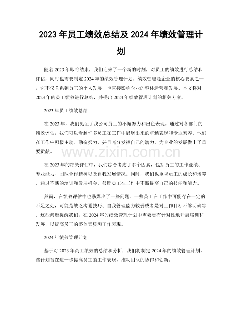 2023年员工绩效总结及2024年绩效管理计划.docx_第1页