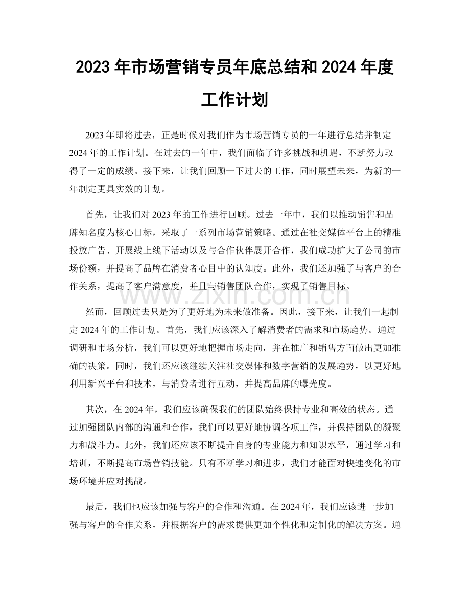 2023年市场营销专员年底总结和2024年度工作计划.docx_第1页