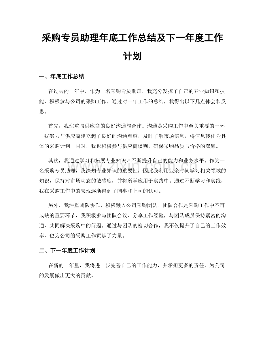 采购专员助理年底工作总结及下一年度工作计划.docx_第1页