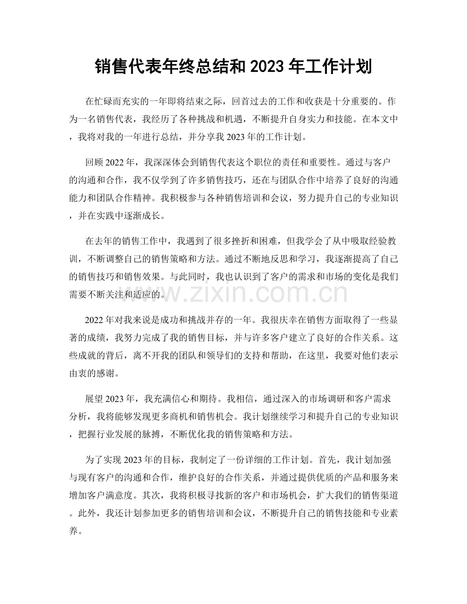 销售代表年终总结和2023年工作计划.docx_第1页