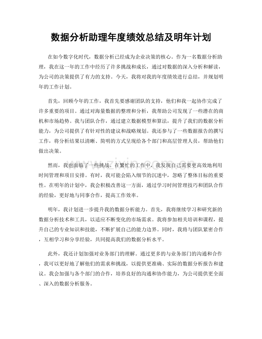 数据分析助理年度绩效总结及明年计划.docx_第1页
