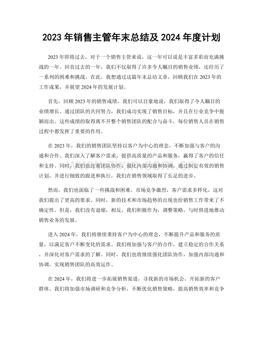 2023年销售主管年末总结及2024年度计划.docx_第1页