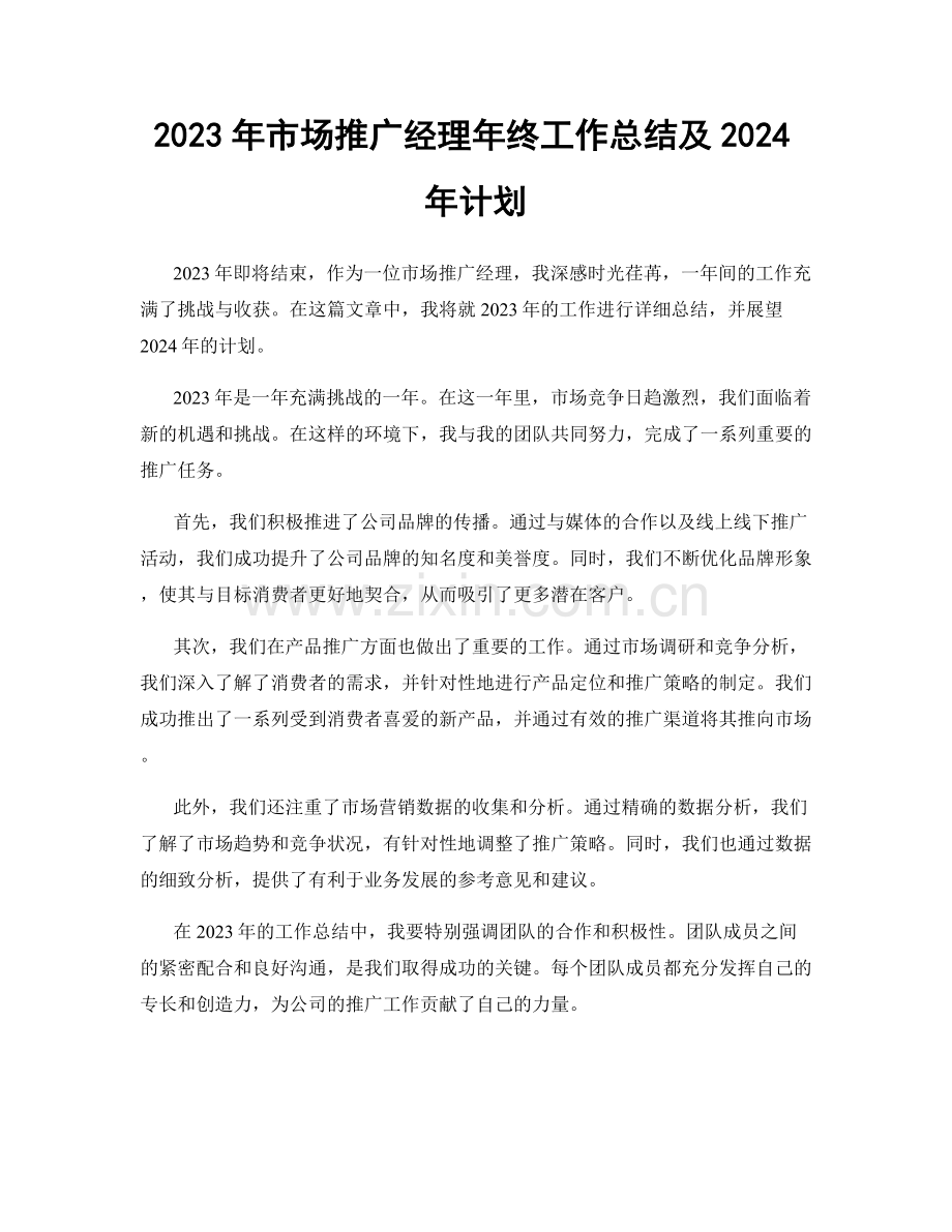 2023年市场推广经理年终工作总结及2024年计划.docx_第1页
