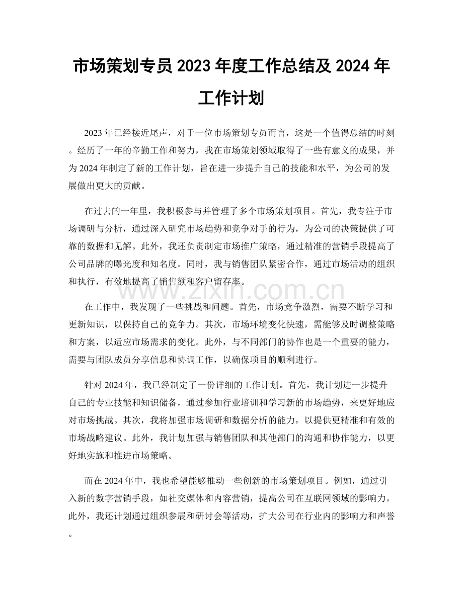 市场策划专员2023年度工作总结及2024年工作计划.docx_第1页