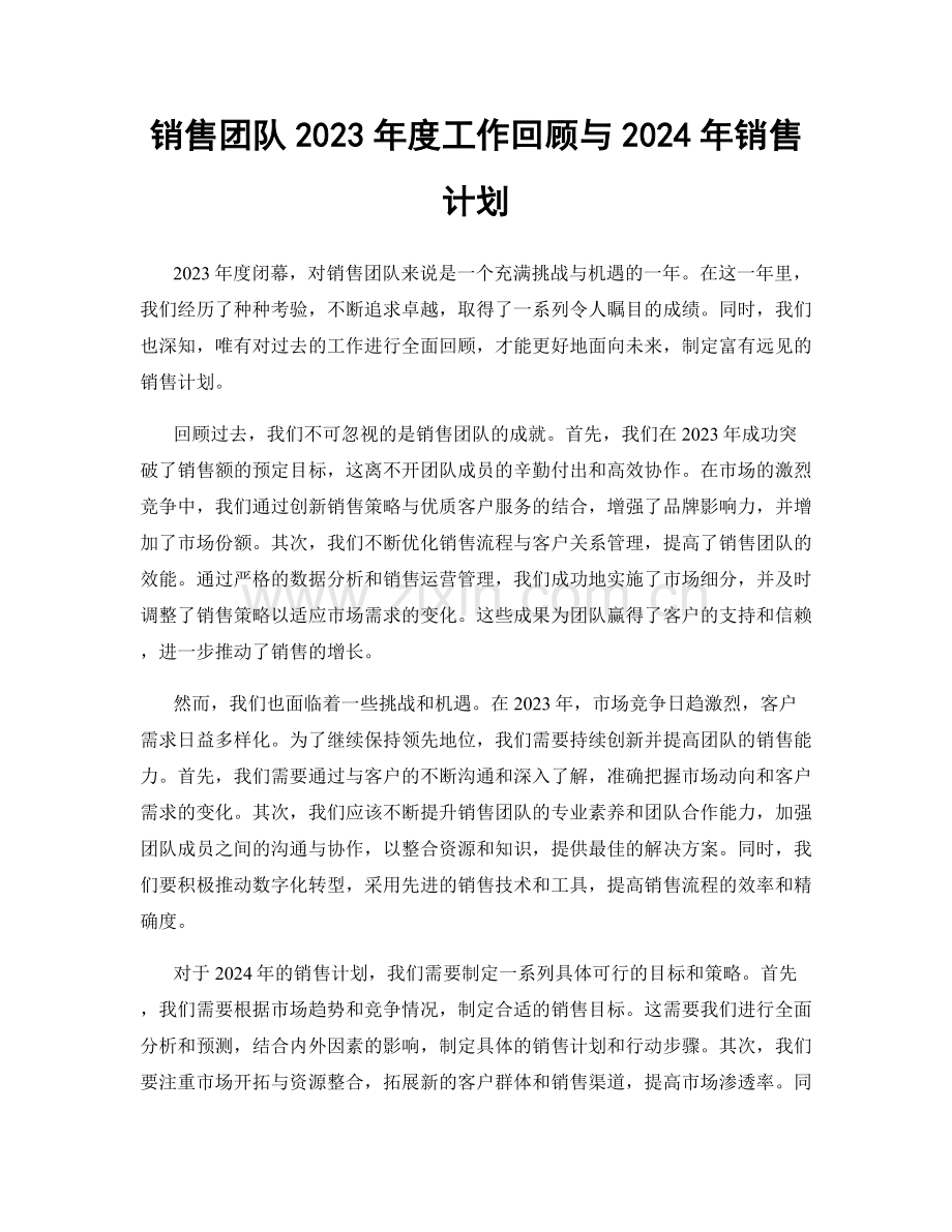 销售团队2023年度工作回顾与2024年销售计划.docx_第1页