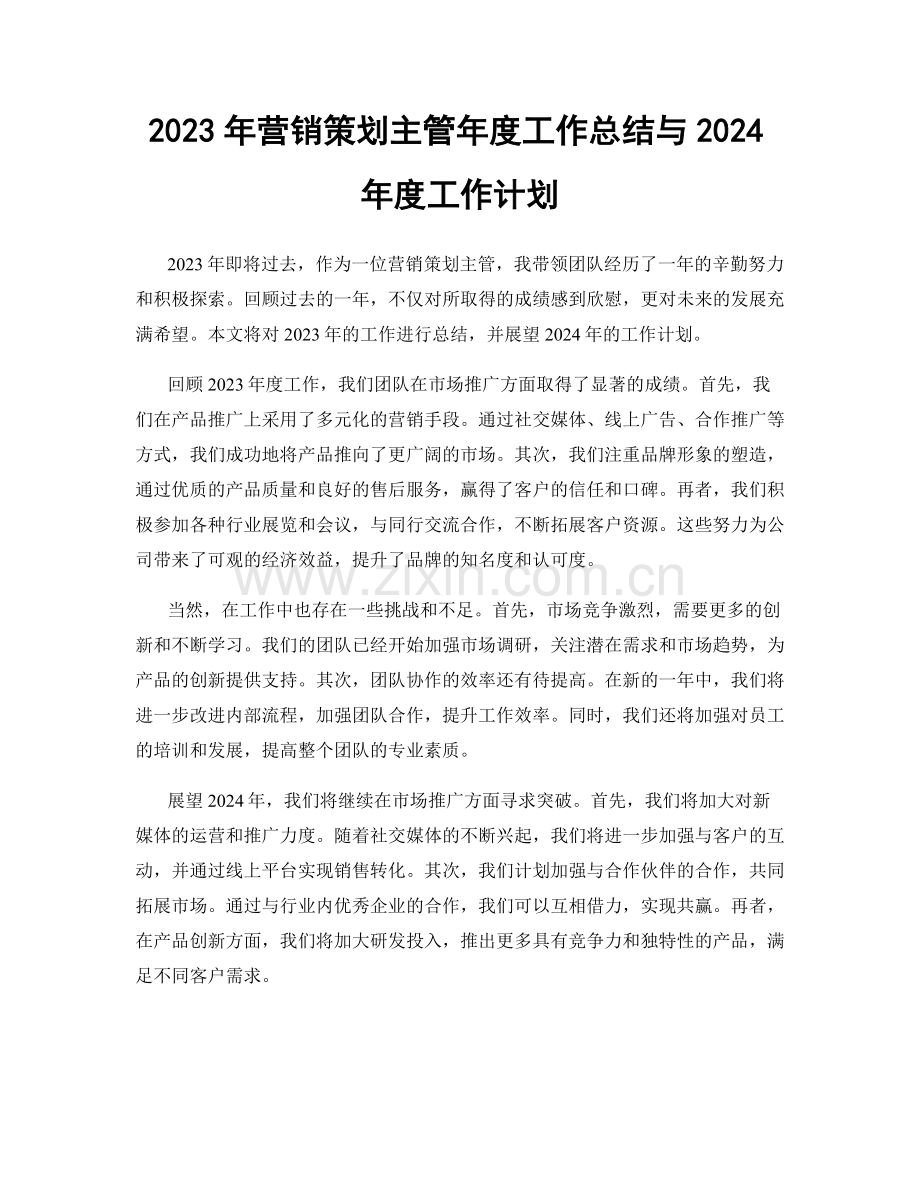2023年营销策划主管年度工作总结与2024年度工作计划.docx_第1页