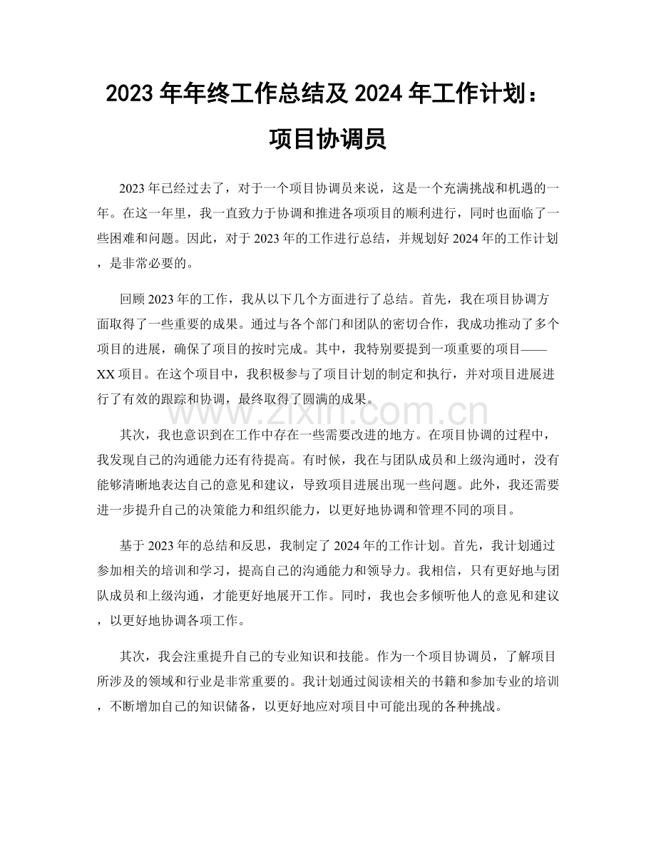 2023年年终工作总结及2024年工作计划：项目协调员.docx_第1页