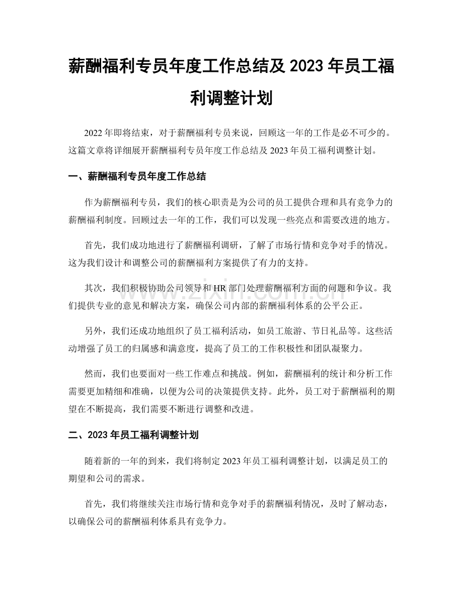 薪酬福利专员年度工作总结及2023年员工福利调整计划.docx_第1页