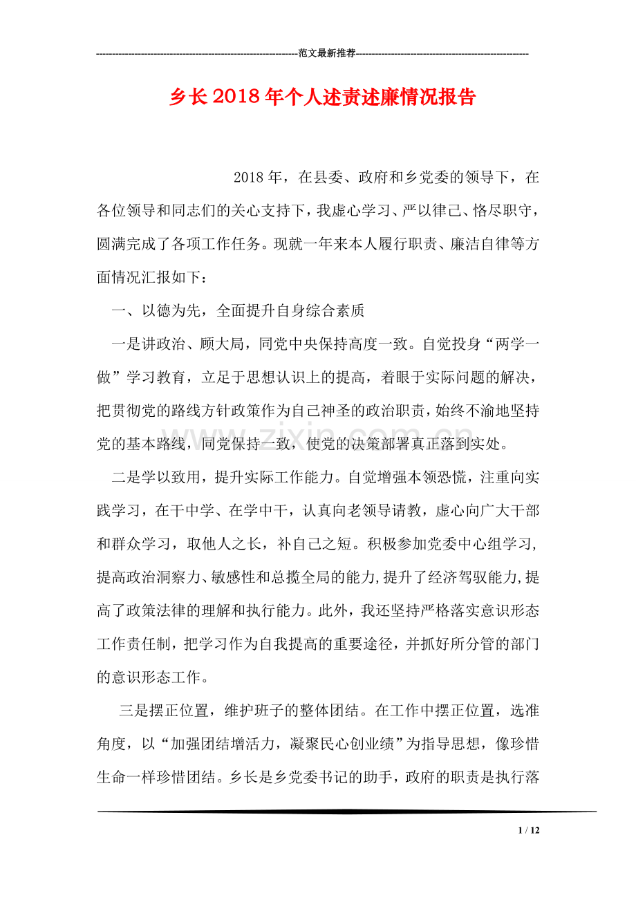 乡长2018年个人述责述廉情况报告.doc_第1页