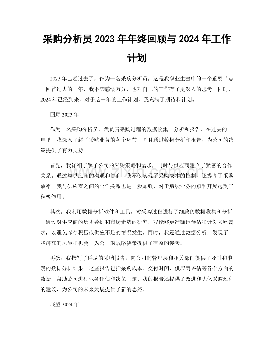 采购分析员2023年年终回顾与2024年工作计划.docx_第1页