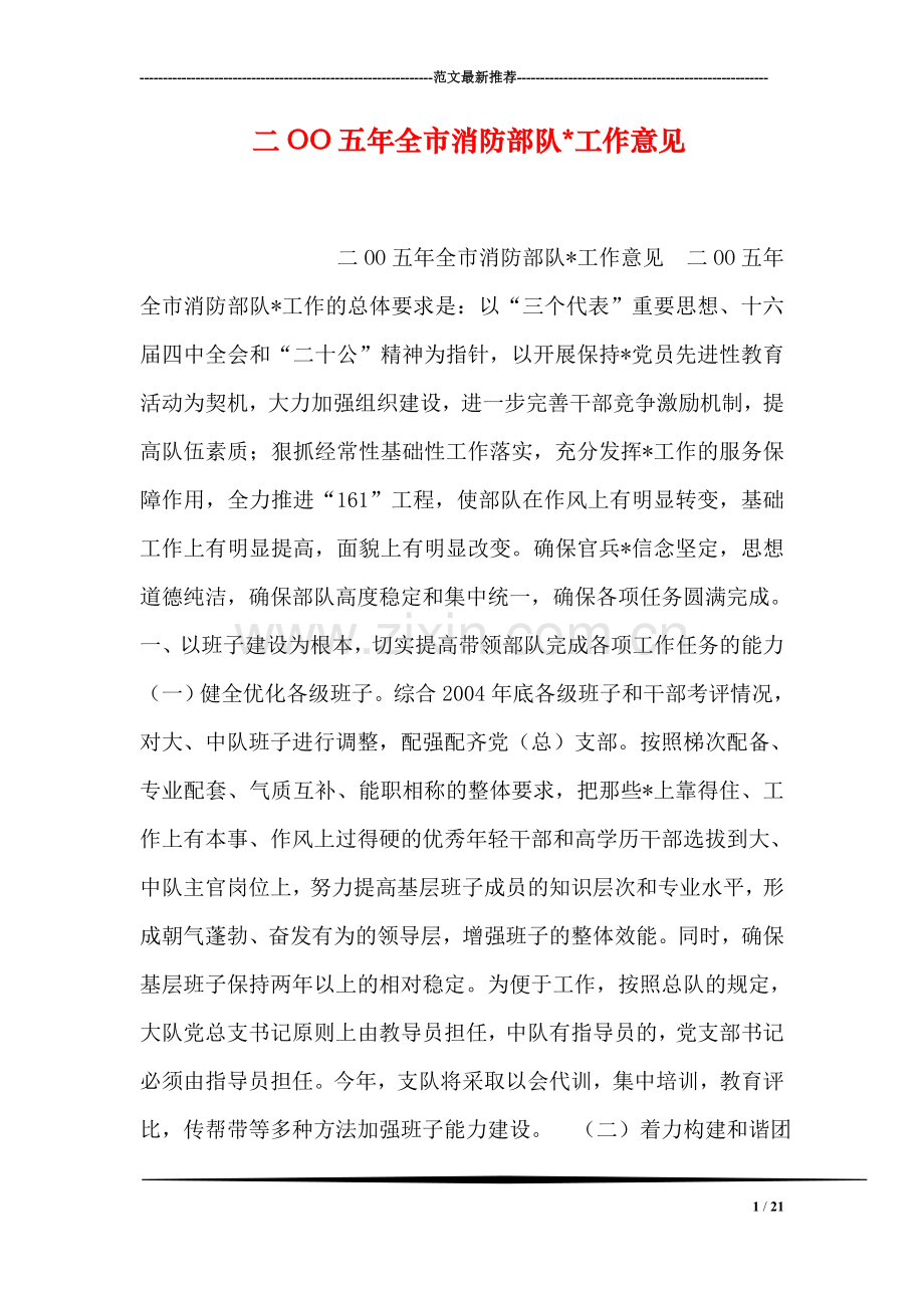 二OO五年全市消防部队-工作意见.doc_第1页