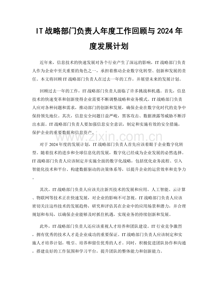 IT战略部门负责人年度工作回顾与2024年度发展计划.docx_第1页
