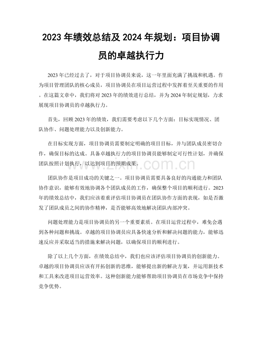 2023年绩效总结及2024年规划：项目协调员的卓越执行力.docx_第1页