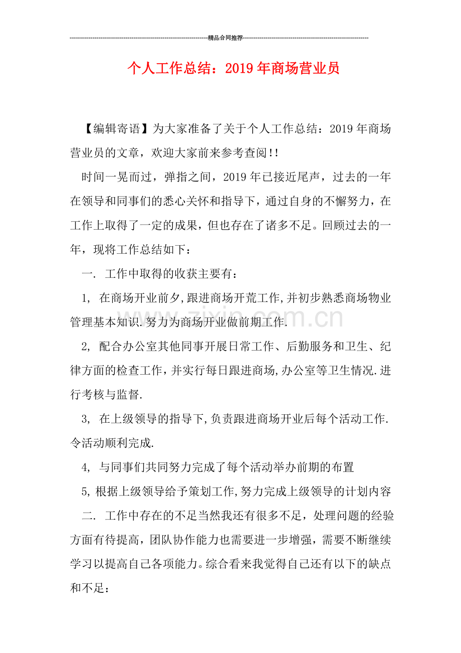 个人工作总结：2019年商场营业员.doc_第1页