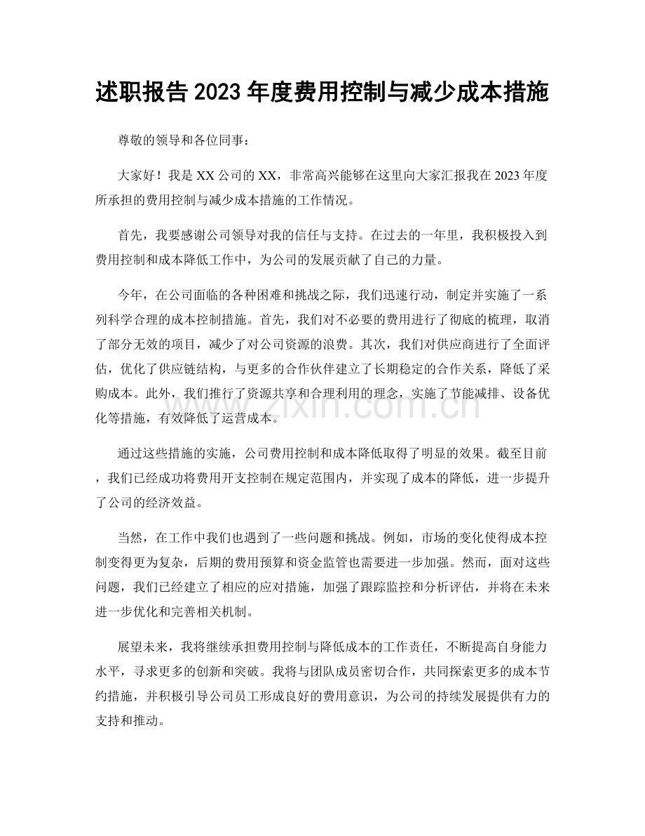 述职报告2023年度费用控制与减少成本措施.docx_第1页