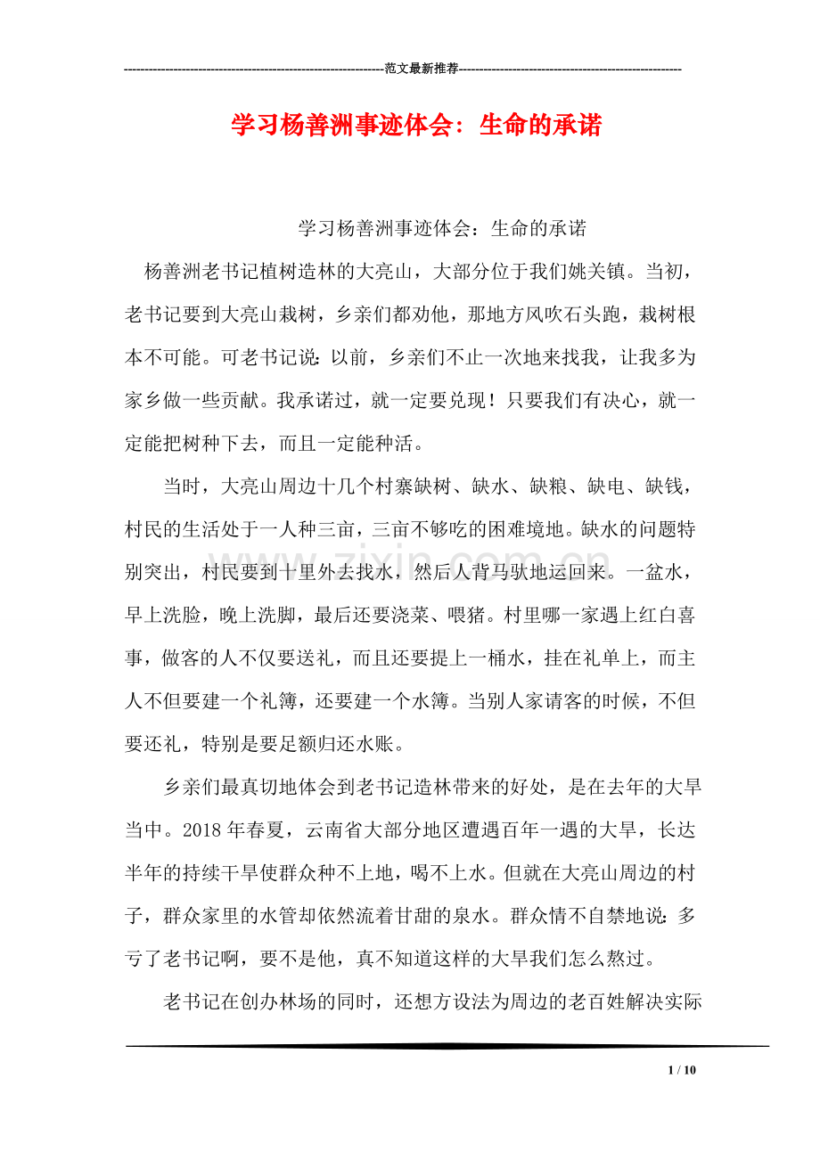 学习杨善洲事迹体会：生命的承诺.doc_第1页