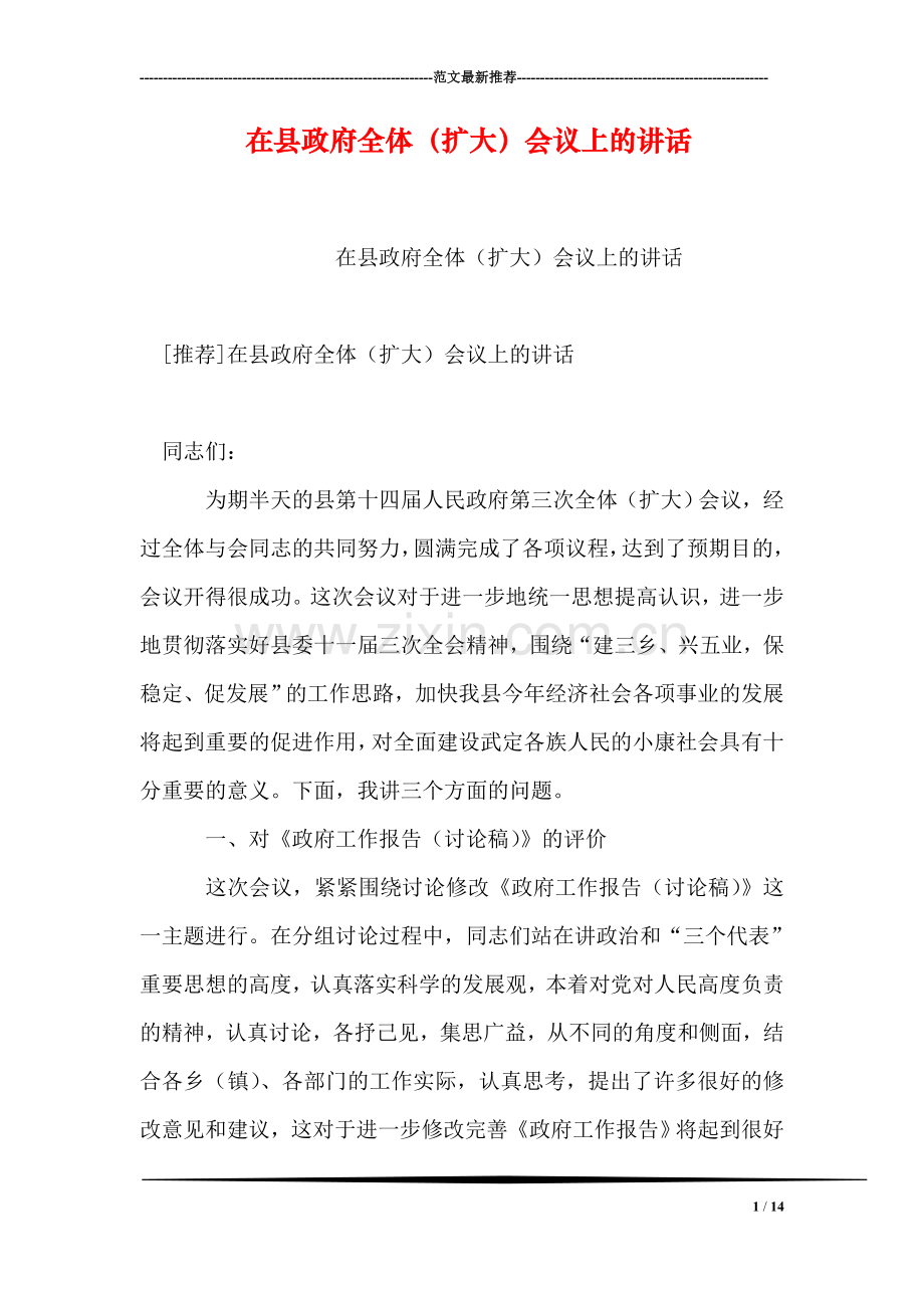 在县政府全体(扩大)会议上的讲话.doc_第1页