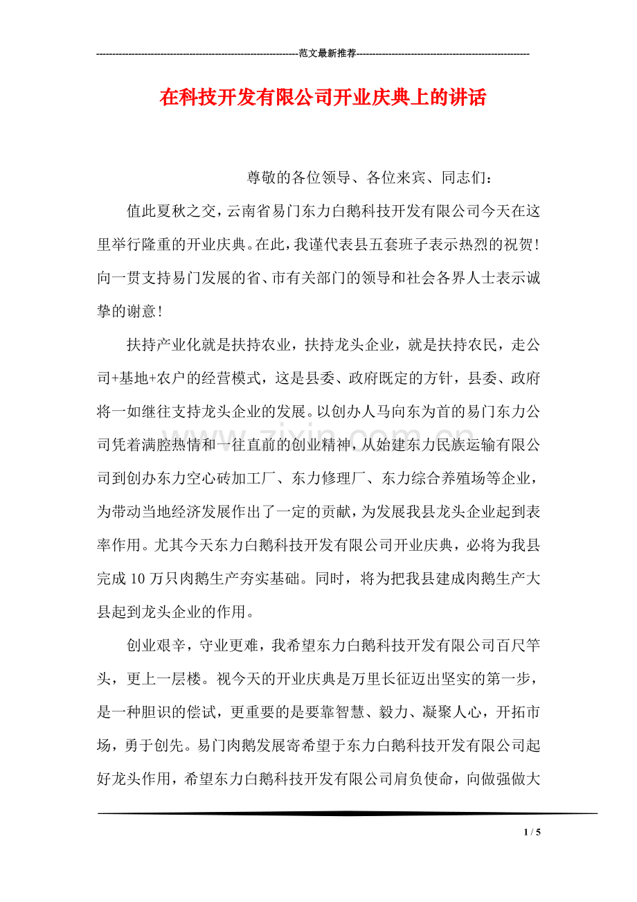 在科技开发有限公司开业庆典上的讲话.doc_第1页