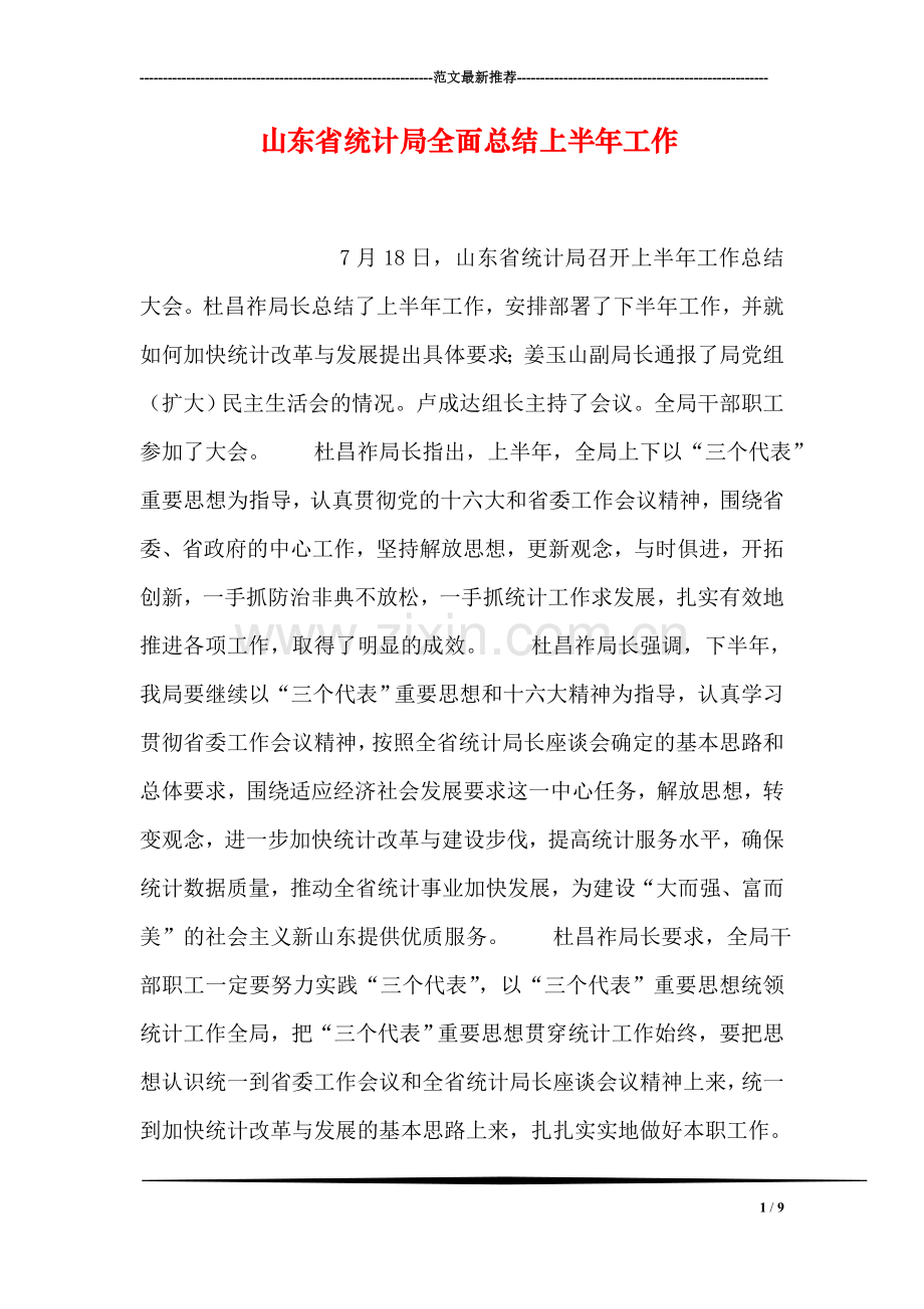 山东省统计局全面总结上半年工作.doc_第1页