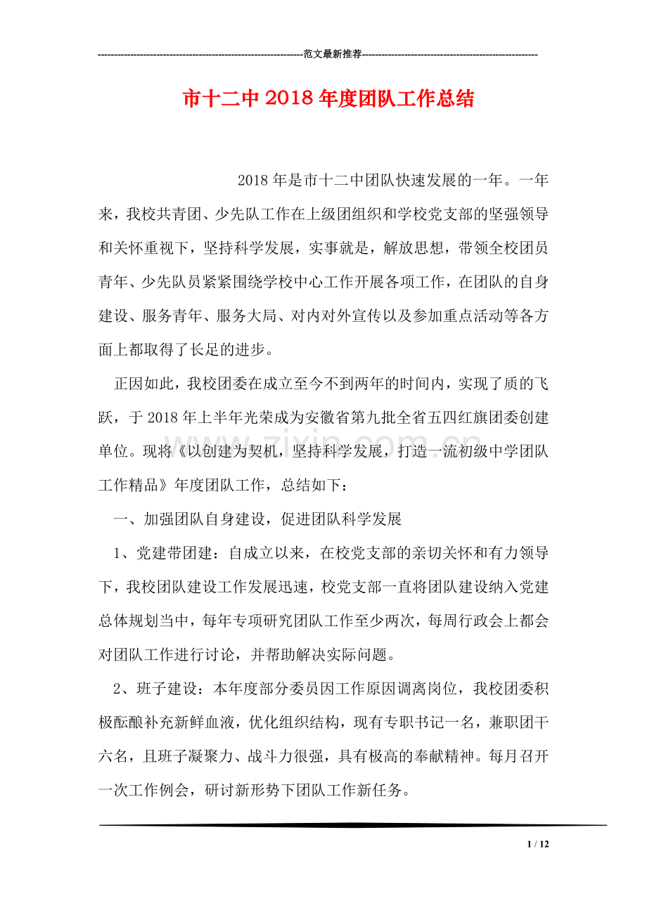 市十二中2018年度团队工作总结.doc_第1页