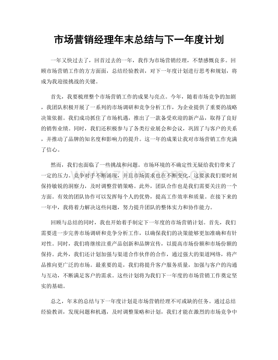 市场营销经理年末总结与下一年度计划.docx_第1页