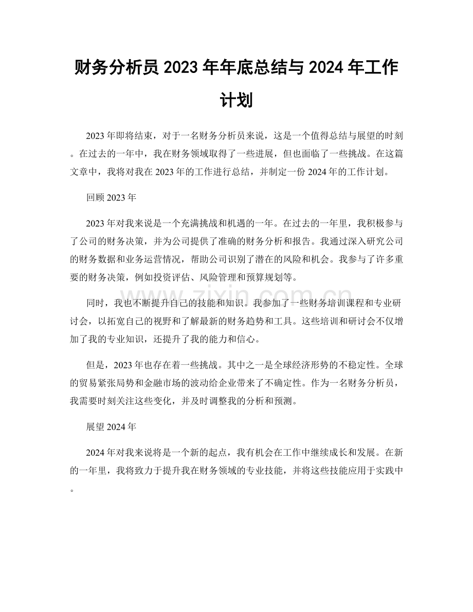 财务分析员2023年年底总结与2024年工作计划.docx_第1页