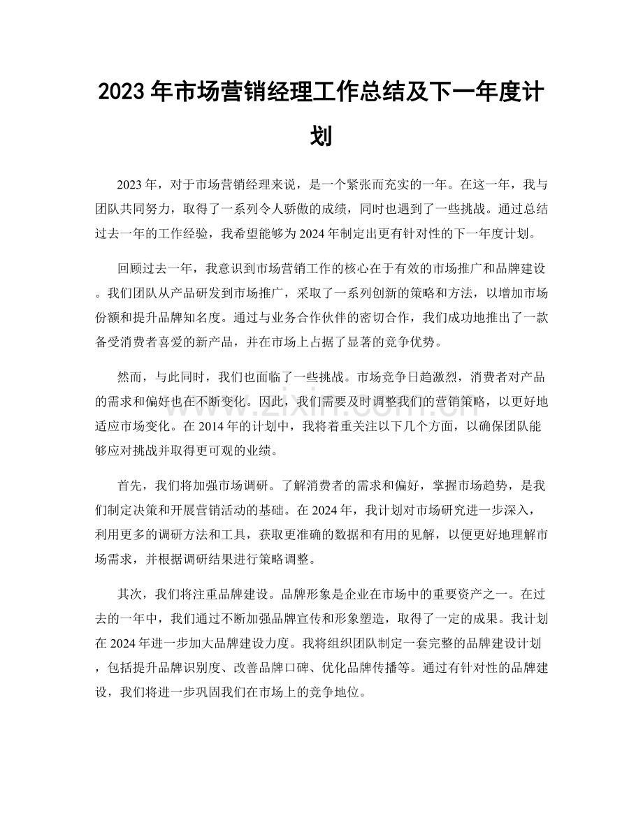 2023年市场营销经理工作总结及下一年度计划.docx_第1页