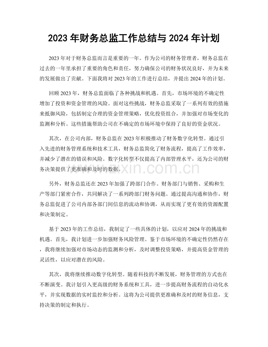 2023年财务总监工作总结与2024年计划.docx_第1页