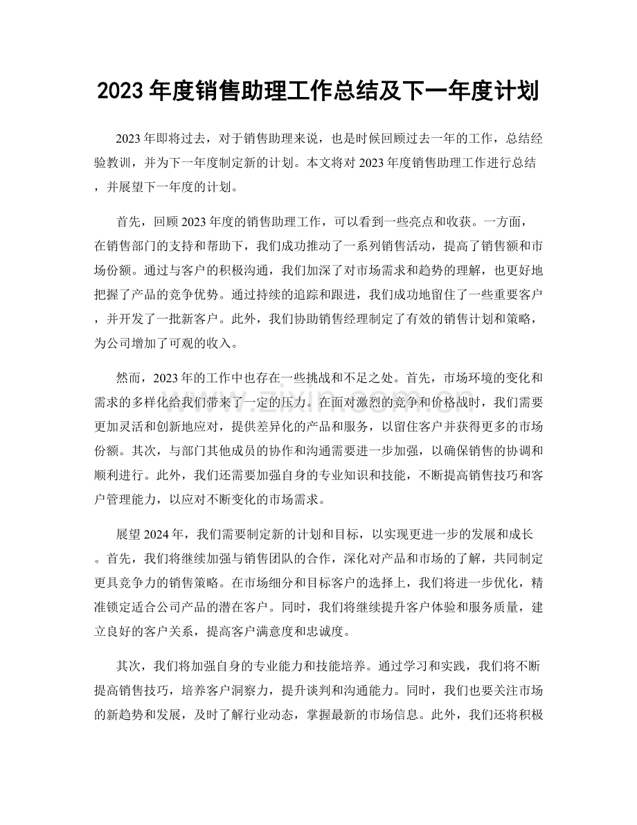 2023年度销售助理工作总结及下一年度计划.docx_第1页
