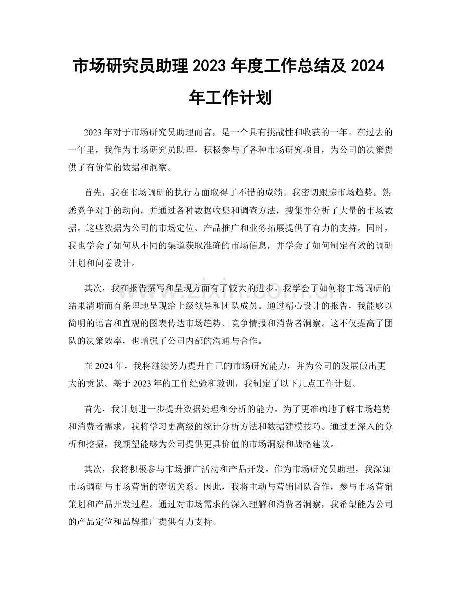 市场研究员助理2023年度工作总结及2024年工作计划.docx_第1页