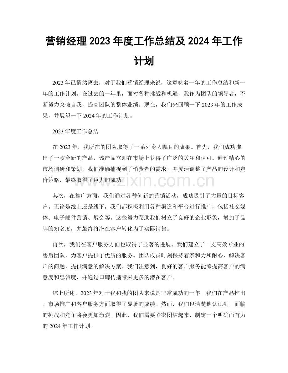 营销经理2023年度工作总结及2024年工作计划.docx_第1页